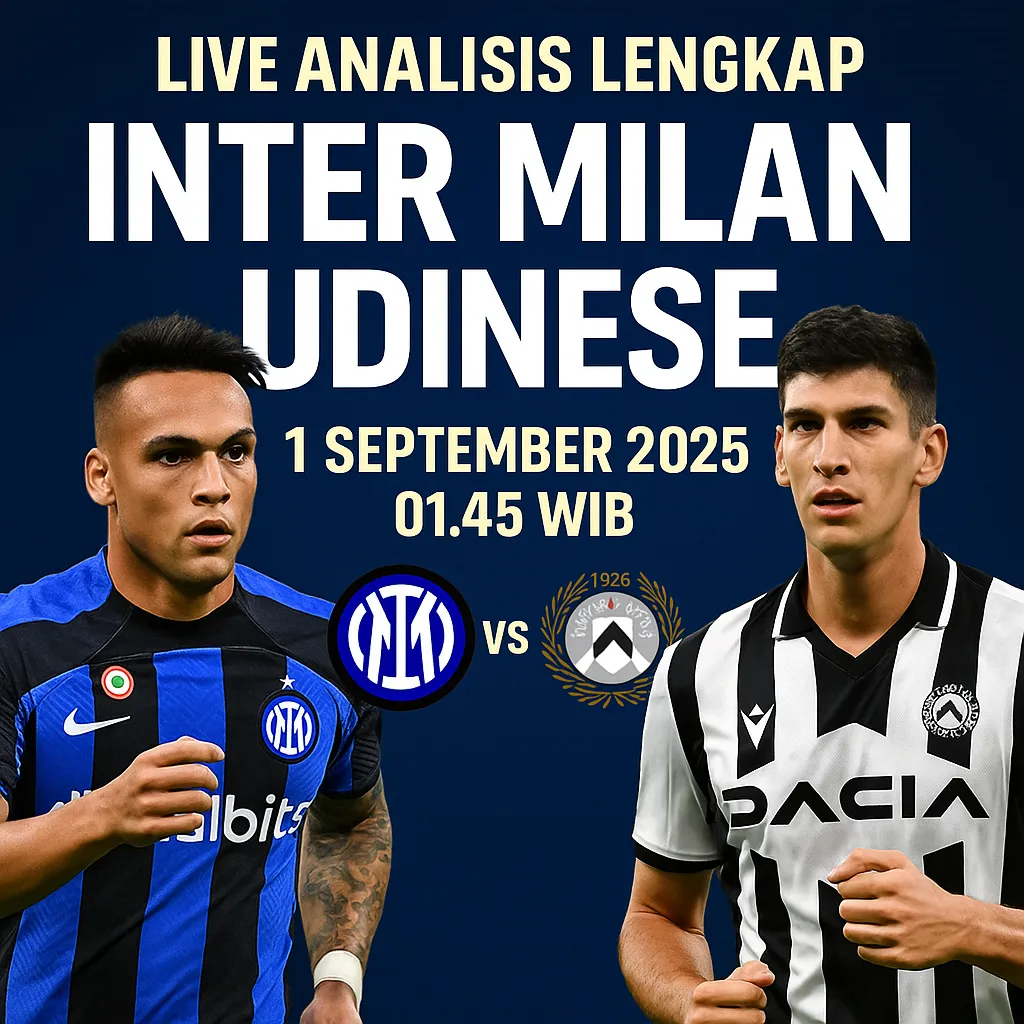 UpdateBola sajikan prediksi Inter Milan vs Udinese 1 September 2025 di San Siro. Simak line-up, head to head, pemain kunci, skor prediksi, dan tips betting.
