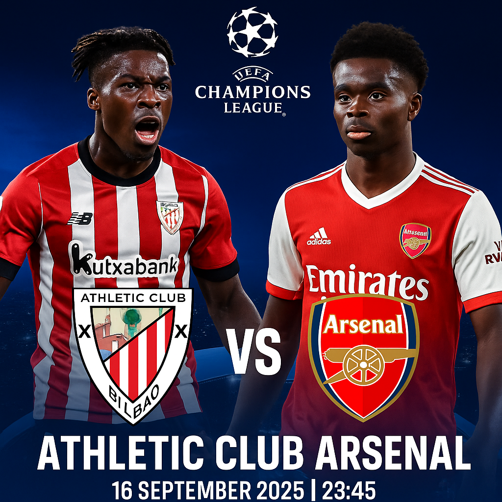 UpdateBola sajikan prediksi Liga Champions Athletic Club vs Arsenal 16 September 2025. Simak line-up, head to head, analisis, pemain kunci, skor, dan tips betting.