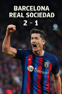 Barcelona mengalahkan Real Sociedad 2-1, memperkuat posisi mereka di La Liga. Gol-gol Lewandowski dan Fati memimpin Barcelona menuju kemenangan penting.
