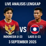 UpdateBola sajikan prediksi Indonesia U-23 vs Laos U-23 Rabu 3 September 2025. Simak line-up, head to head, pemain kunci, skor prediksi, hingga tips betting.