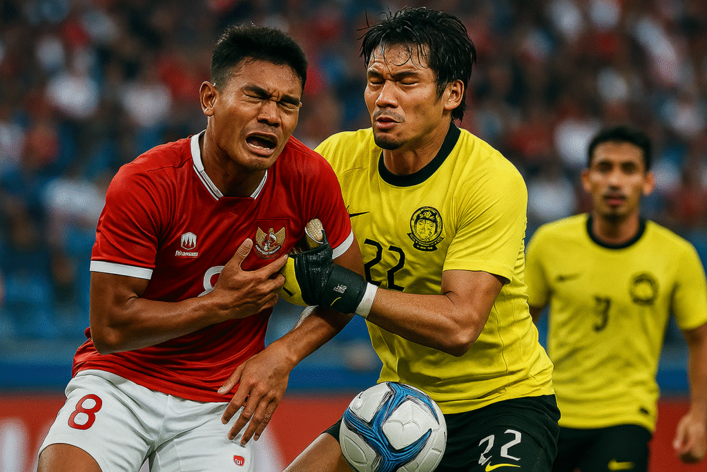 Insiden panas striker Timnas Indonesia Hokky Caraka benturan dengan kiper Malaysia di kualifikasi Piala Dunia 2026. Update lengkap dari Updatebola.