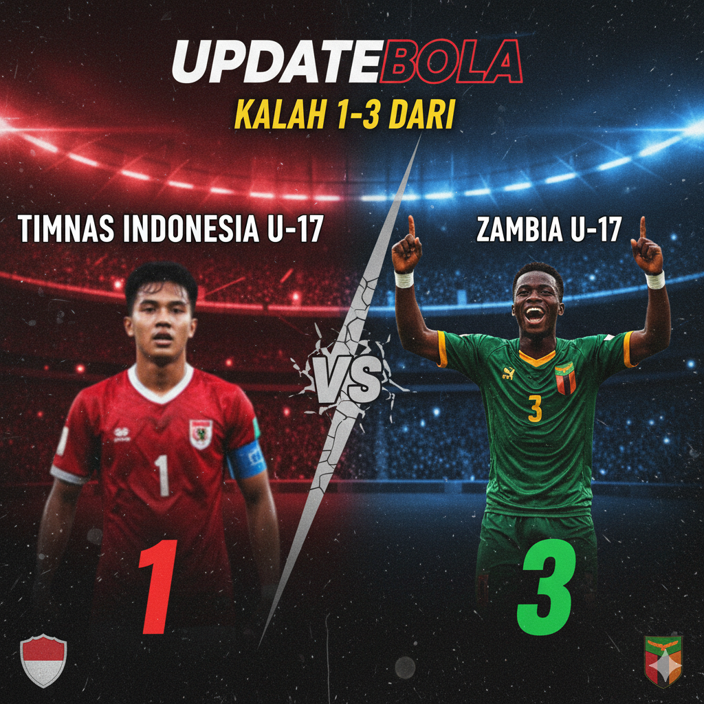 Timnas Indonesia U-17 kalah 1-3 dari Zambia di Piala Dunia U-17 2025. Gol cepat Zahaby Gholy sempat beri harapan, tapi Zambia bangkit lewat permainan efisien dan disiplin.